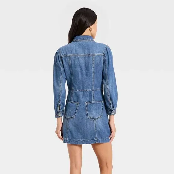 Universal Thead Long Sleeve Zip Front Mini Denim Dress -Womens LARGE - NEW - Picture 2 of 6